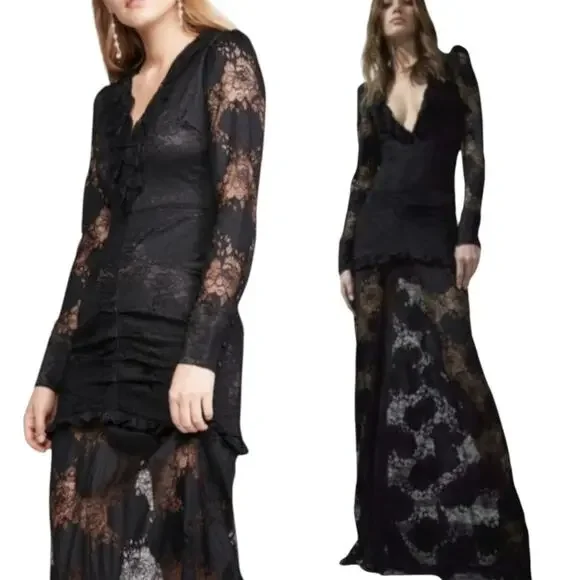 Alexis Lucasta Black Lace Maxi Dress L Ruched Sheer Gothic Victorian Romance EUC - Picture 5 of 8